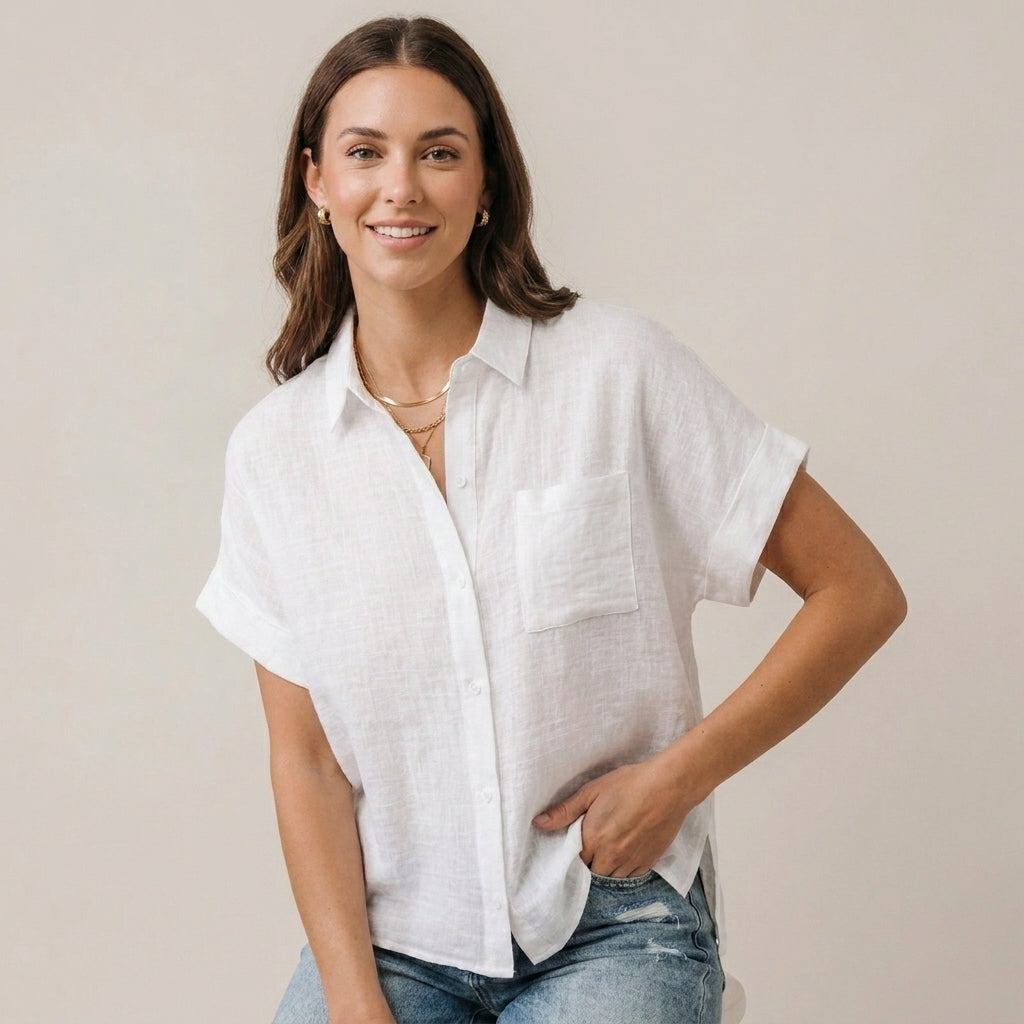 Relaxed Fit Collared Button-Up Shirt with Rolled Sleeves Design