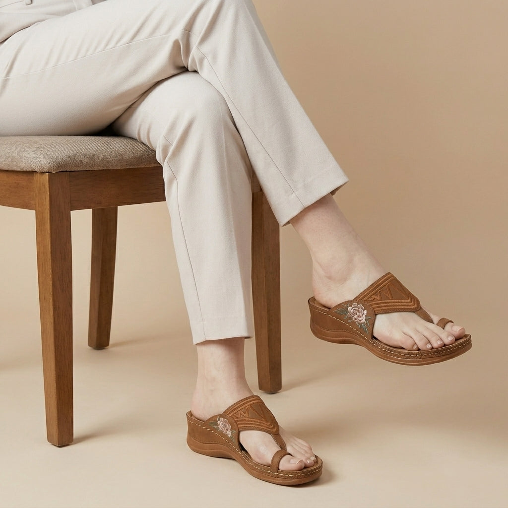 Embroidered T Strap Comfort Sandals with Supportive Wedge Sole