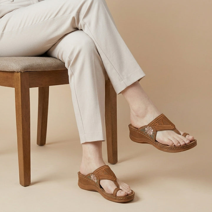 Embroidered T Strap Comfort Sandals with Supportive Wedge Sole