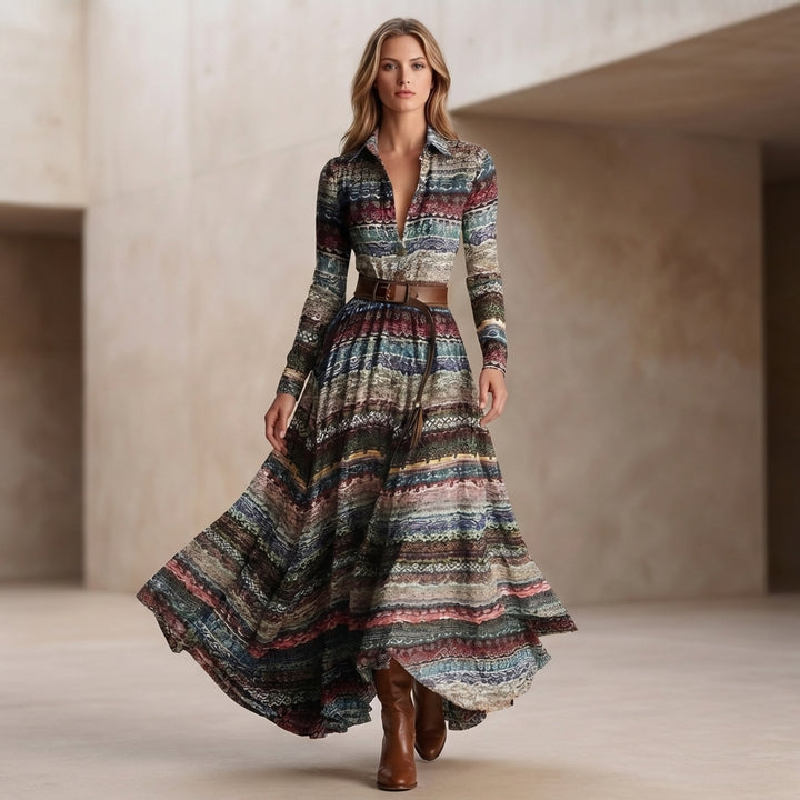 Printed Belted Maxi Dress with Collared Neckline and Flowing A-Line Silhouette