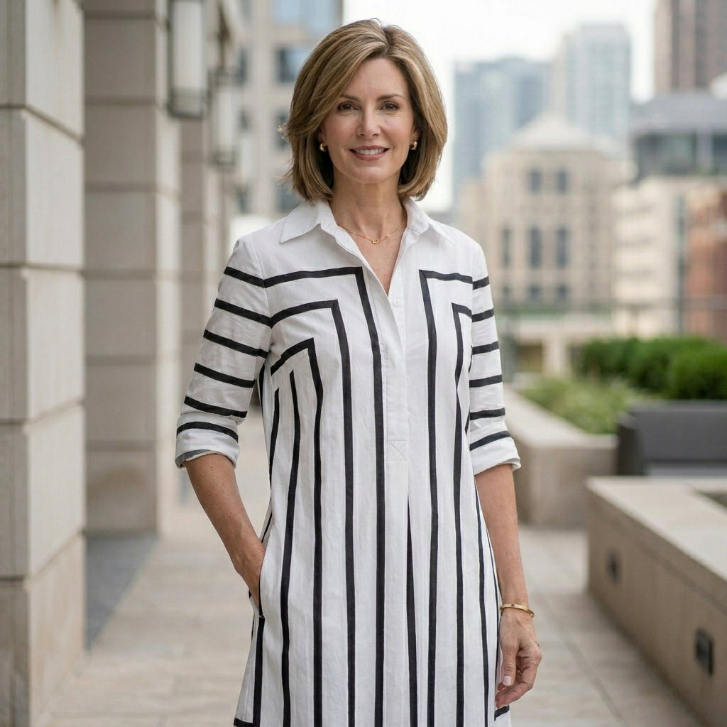 Relaxed Fit Geometric Stripe Midi Shirt Dress with Classic Collar
