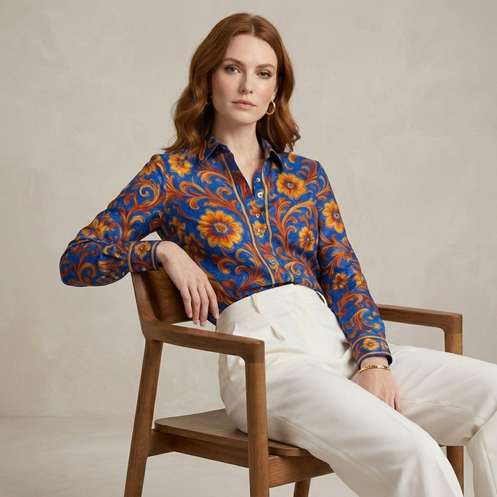 Ornate Floral Button Up Blouse with Tailored Collar and Long Sleeves