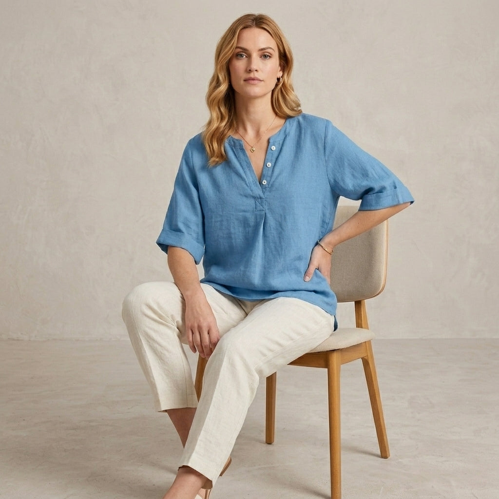 Relaxed Henley Blouse with Notched Neckline and Flowing Sleeves