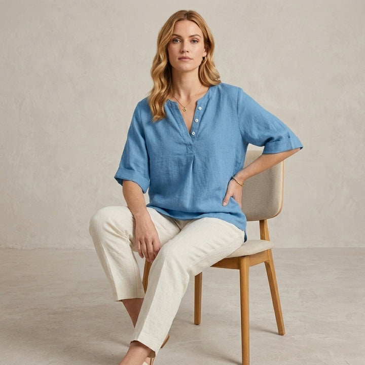 Relaxed Henley Blouse with Notched Neckline and Flowing Sleeves