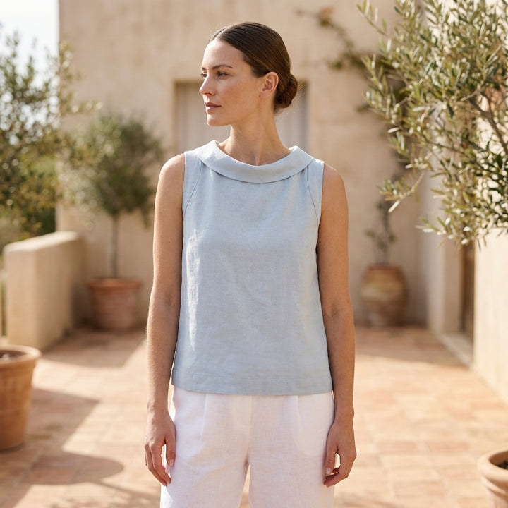 Sleeveless Top with Elegant Folded Collar Detail