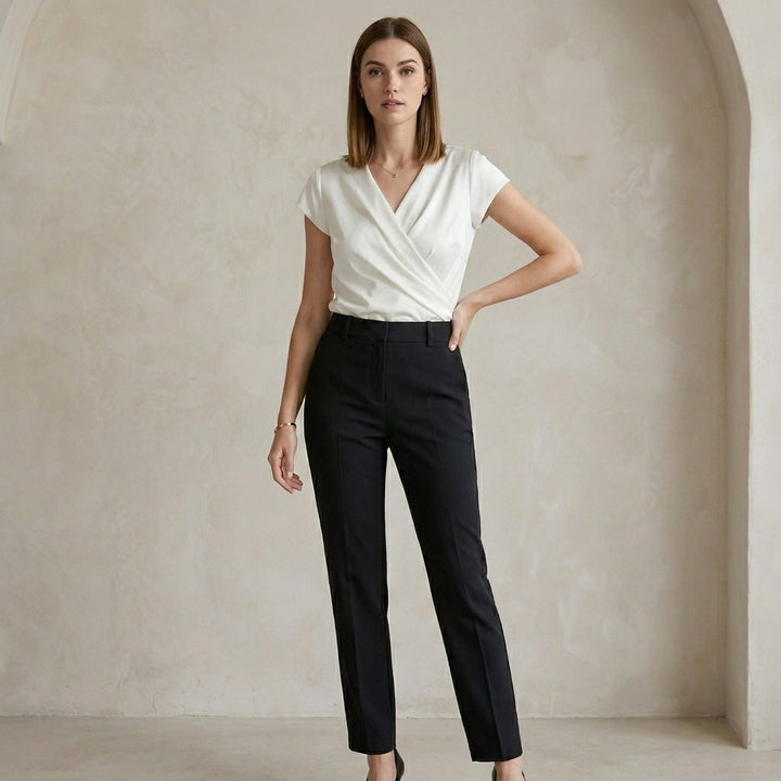 Tailored Wrap Neck Blouse with Soft Draped Cap Sleeves