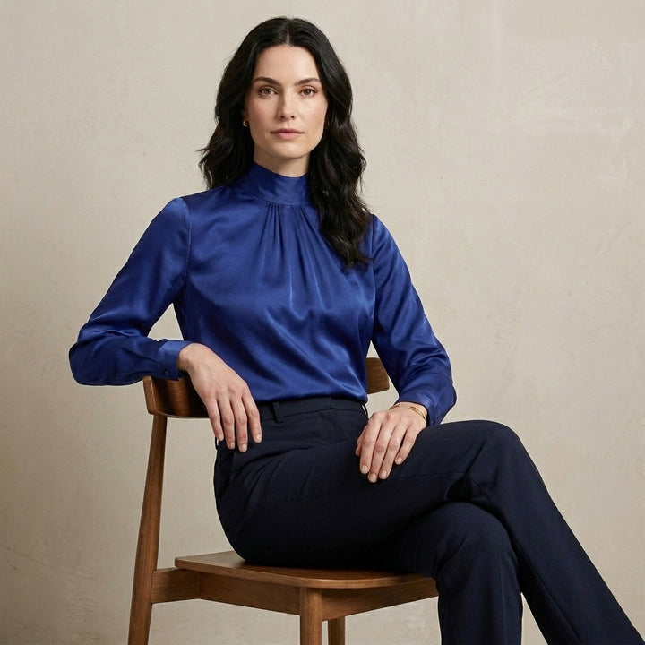Mock Neck Satin Blouse with Elegant Pleated Front Detail