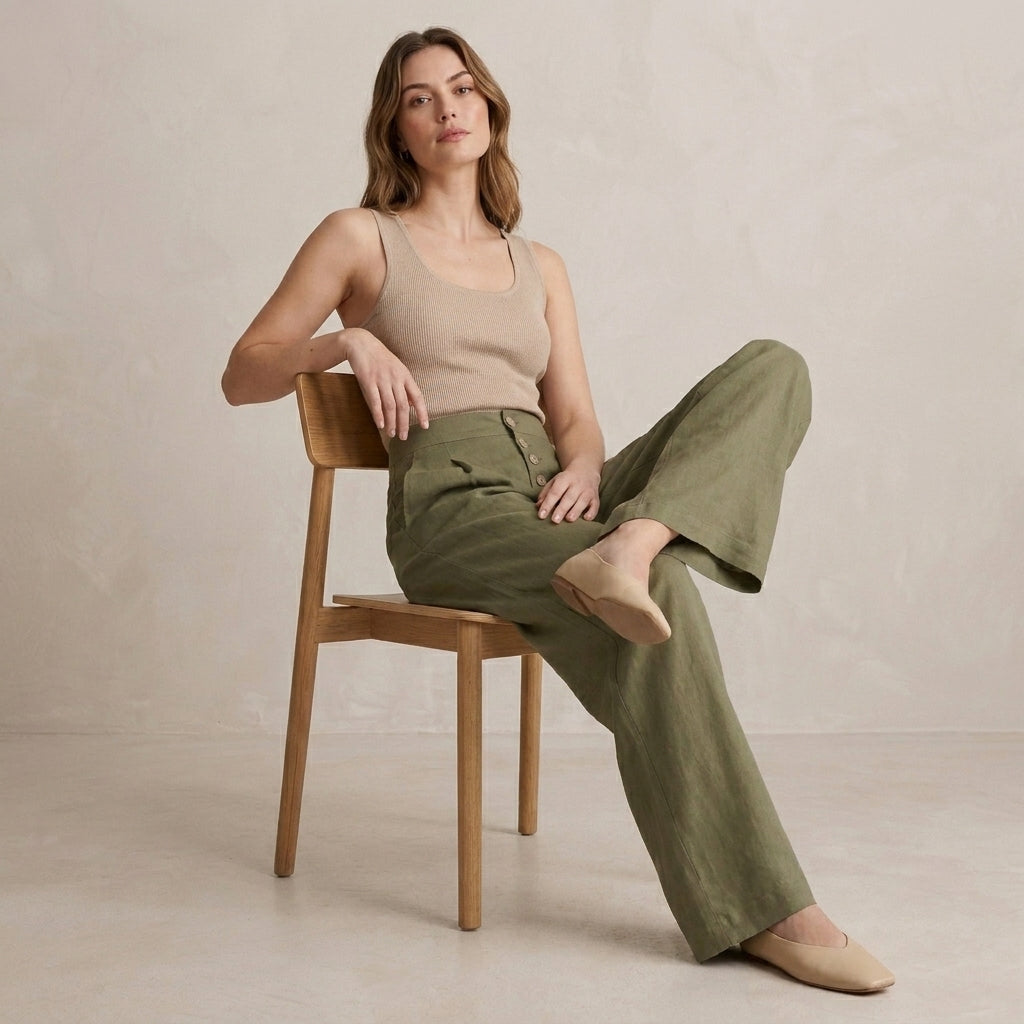 High Waist Wide Leg Trousers with Button Front Detail