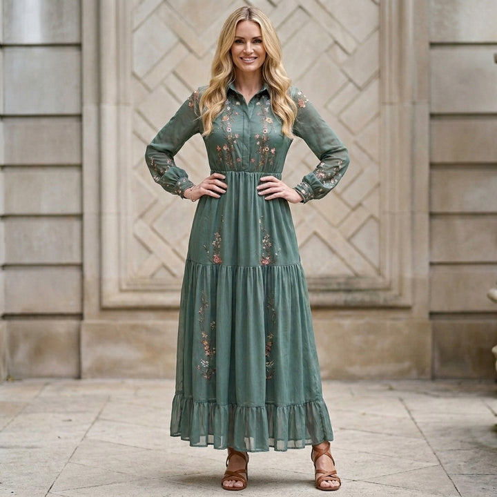 Floral Embroidered Tiered Maxi Dress with Gathered Waist