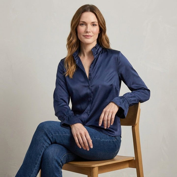 Refined Ruffle Collar Blouse with Flared Cuff Sleeves
