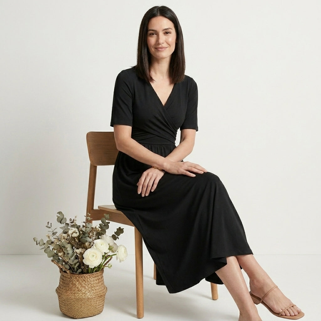 Flowing Wrap Front Midi Dress with Defined Empire Waist