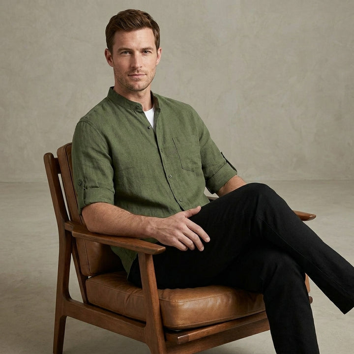 Mandarin Collar Linen Blend Shirt with Rolled Short Sleeves