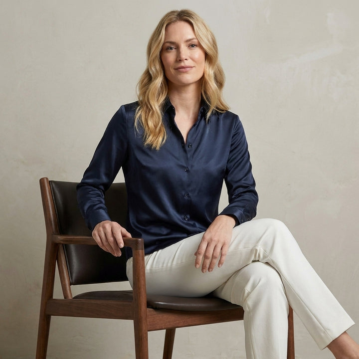 Tailored Button Front Blouse with Refined Point Collar