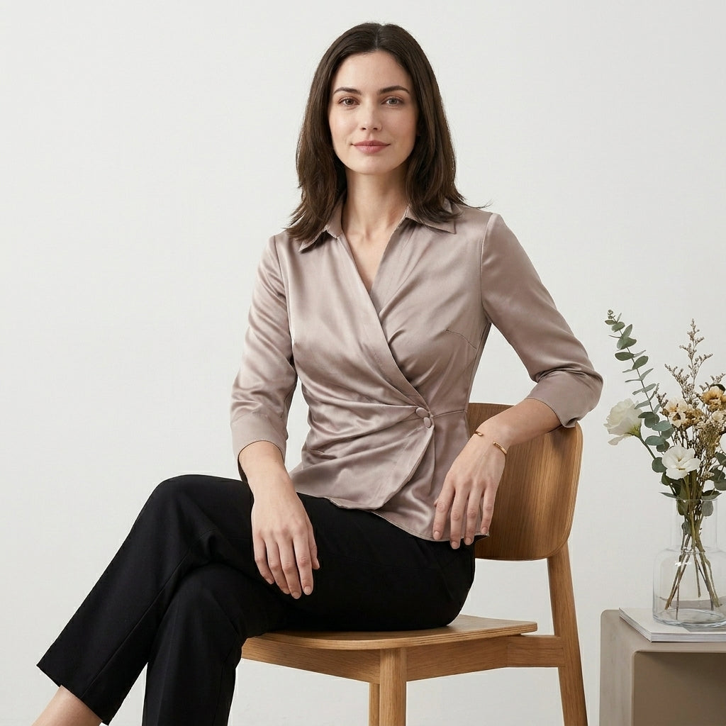Wrap Blouse with Sculpted Waist and Tailored Collar