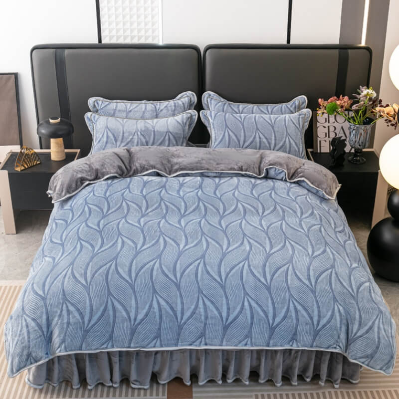 Velvet Bed Sheet Set With Leaf Pattern and Pillow Shams