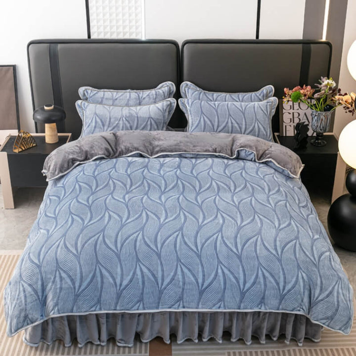 Velvet Bed Sheet Set With Leaf Pattern and Pillow Shams