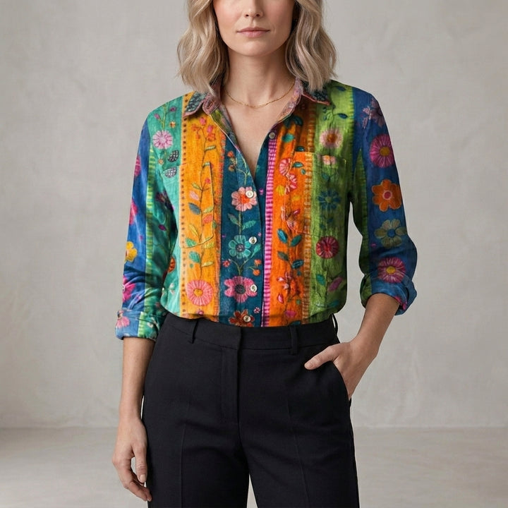 Relaxed Printed Button Front Blouse with Soft Collar and Long Sleeves