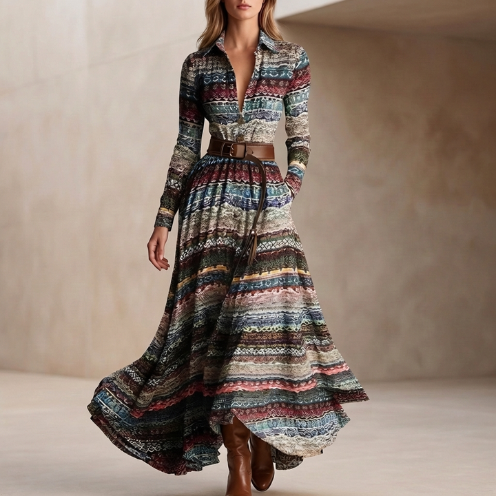 Printed Belted Maxi Dress with Collared Neckline and Flowing A-Line Silhouette