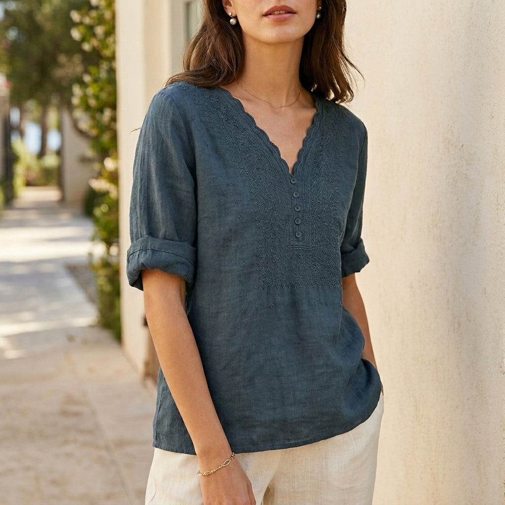 Relaxed Embroidered V-Neck Blouse with Scalloped Trim