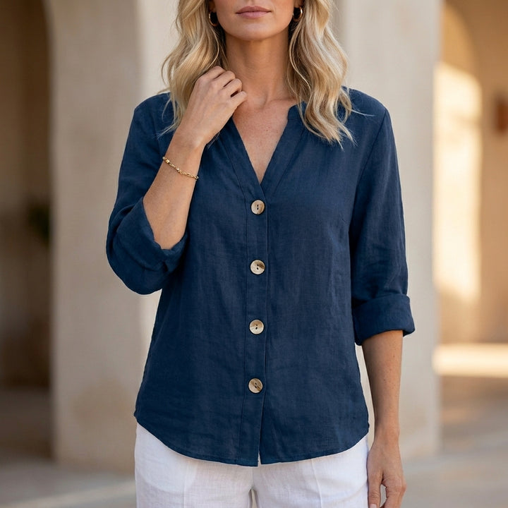 Relaxed Button Front Blouse with Rolled Sleeves and Split Neckline
