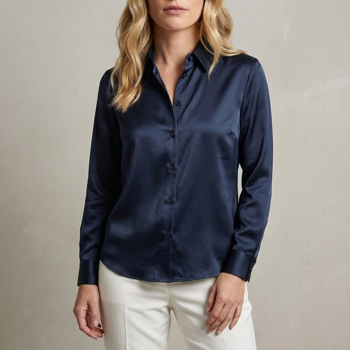 Tailored Button Front Blouse with Refined Point Collar