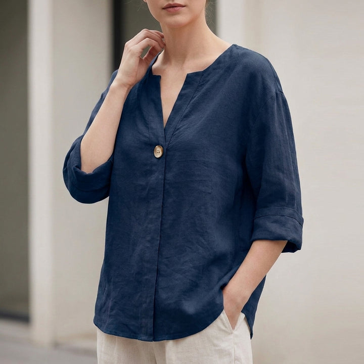 Relaxed Linen Blend Blouse with Statement Button Detail