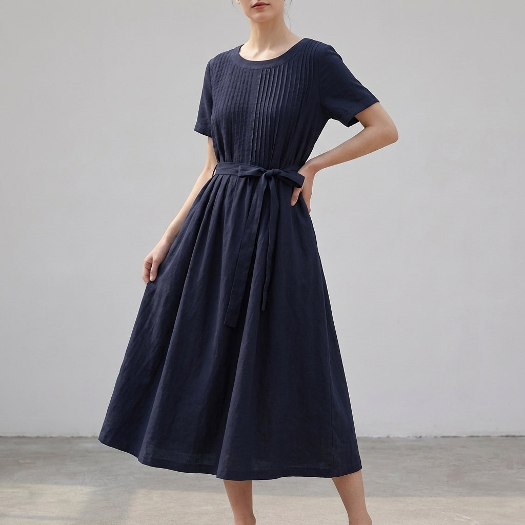 Pleated Midi Dress with Pintuck Bodice and Self-Tie Waist