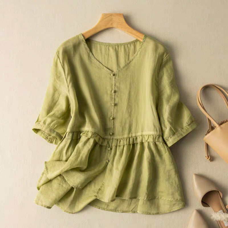 Flowy Peplum Blouse with Soft V Neckline and Ruffle Waist Detail