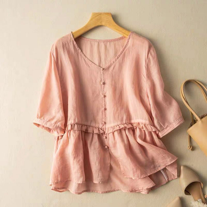 Flowy Peplum Blouse with Soft V Neckline and Ruffle Waist Detail