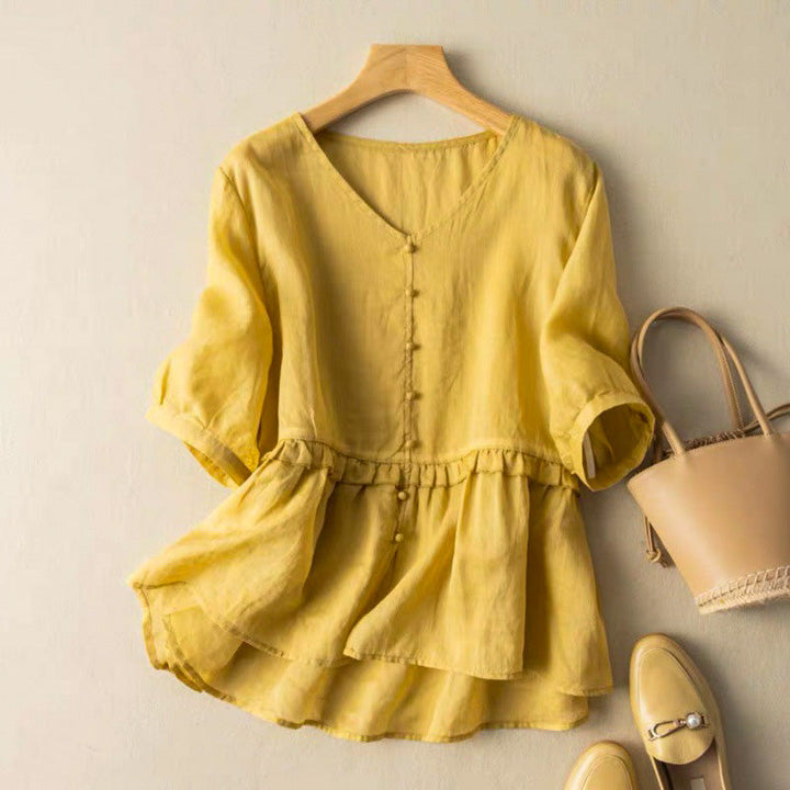 Flowy Peplum Blouse with Soft V Neckline and Ruffle Waist Detail