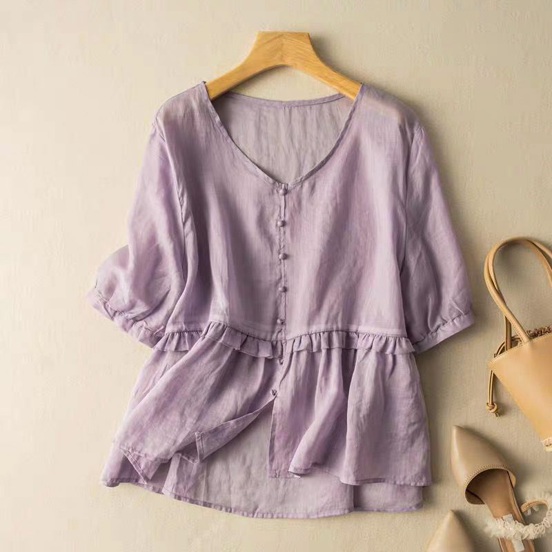 Flowy Peplum Blouse with Soft V Neckline and Ruffle Waist Detail