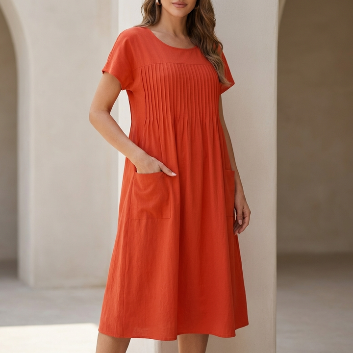 Pleated Front Maxi Dress with Relaxed Silhouette and Patch Pockets