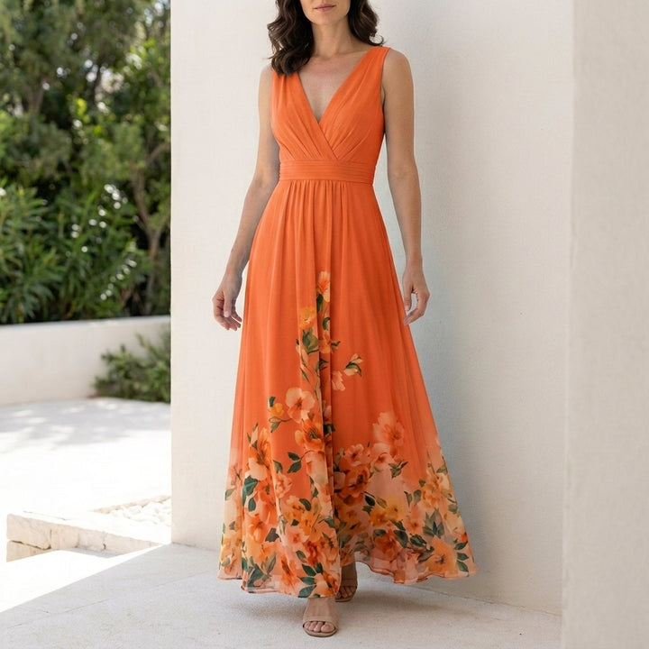Floral Ombre Maxi Dress with Deep V Neck and Flowing Silhouette