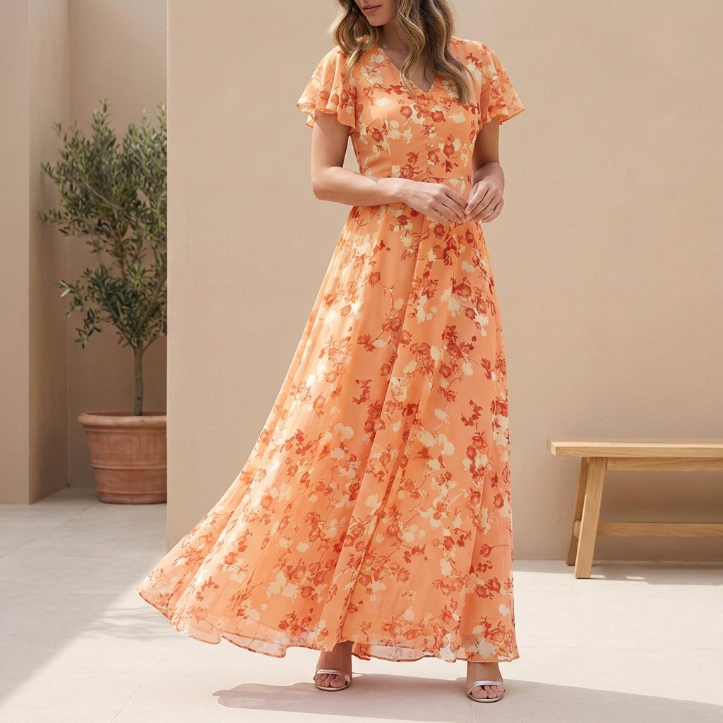 Chiffon A-Line Maxi Dress with V-Neck and Flutter Sleeves for Special Occasions
