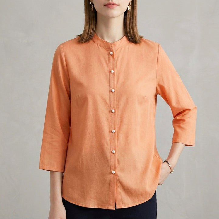 Relaxed Button Front Blouse with Mandarin Collar