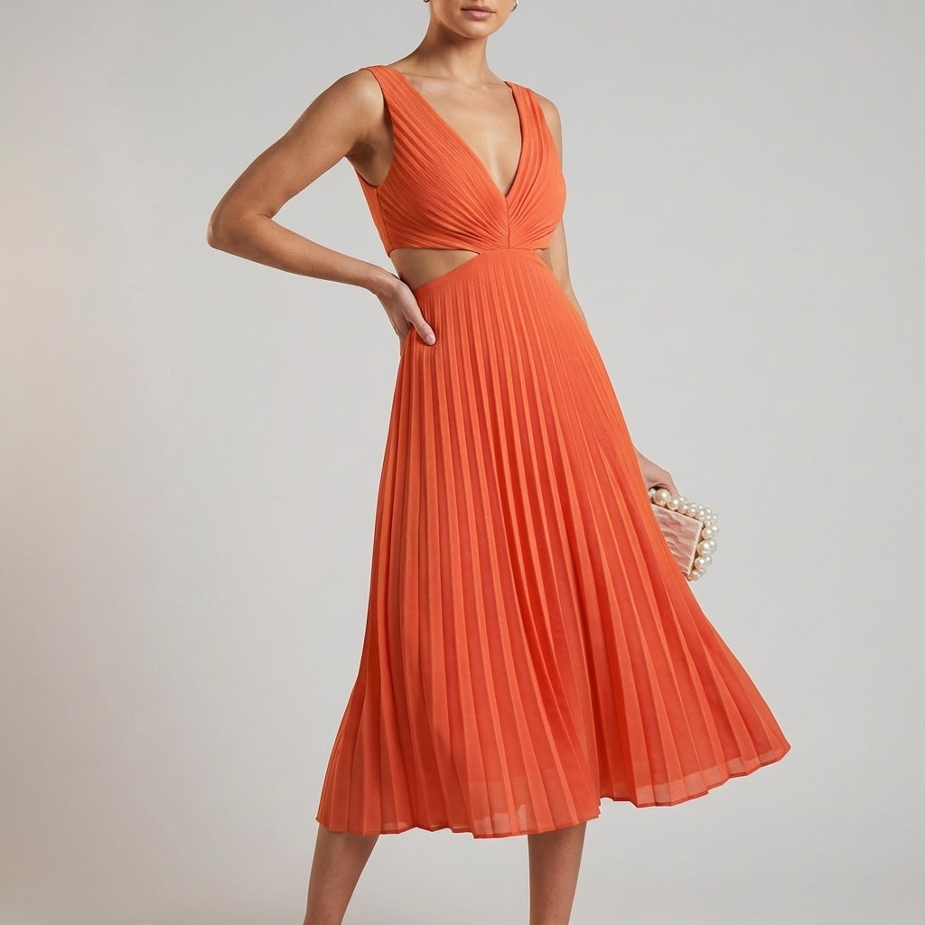 A-Line Midi Dress with Pleated Skirt and Twist-Front Bodice