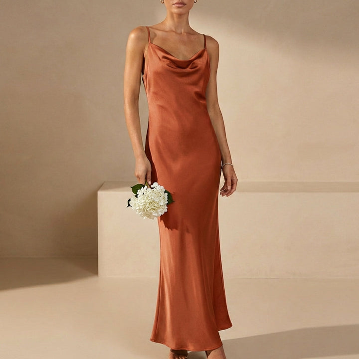 Bias-Cut Cowl Neck Maxi Dress with Delicate Spaghetti Straps