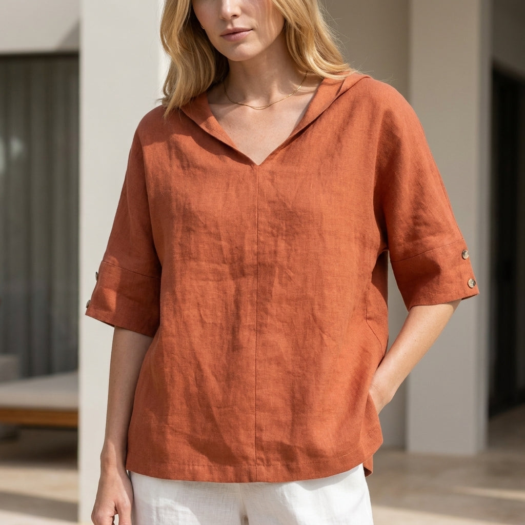 Relaxed Linen Blend Blouse with Soft Open Collar Neckline