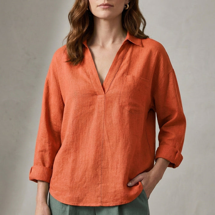 Relaxed Fit Blouse with Soft V Neck and Pocket Detail