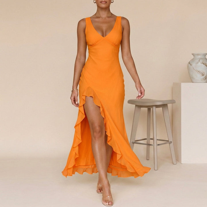 Chiffon Fitted V-Neck Maxi Dress with Ruffle-Trimmed Split and Asymmetrical Hem