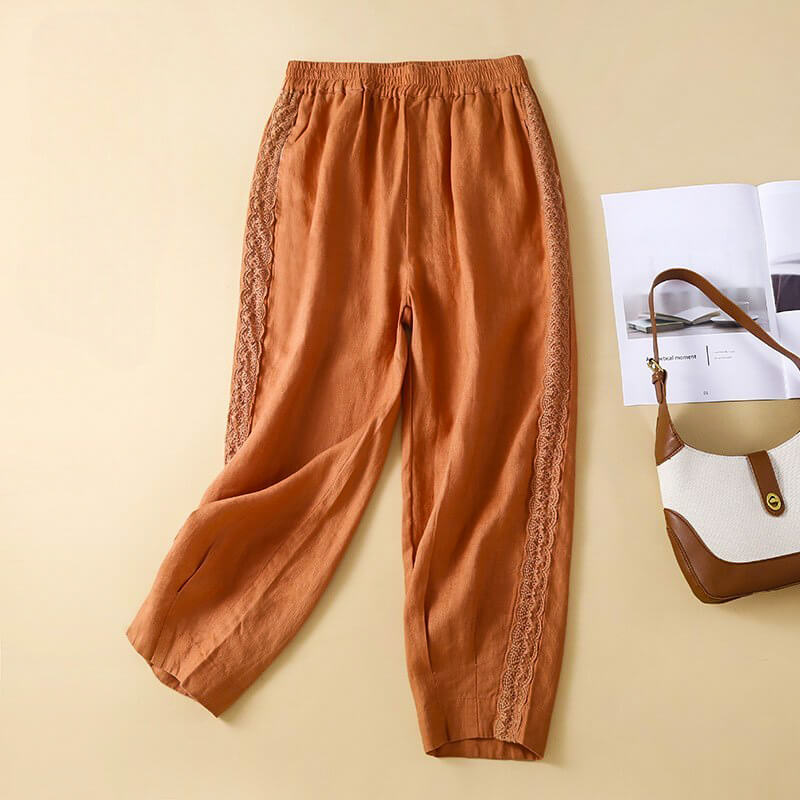 Relaxed Cropped Tapered Pants with Lace Trim