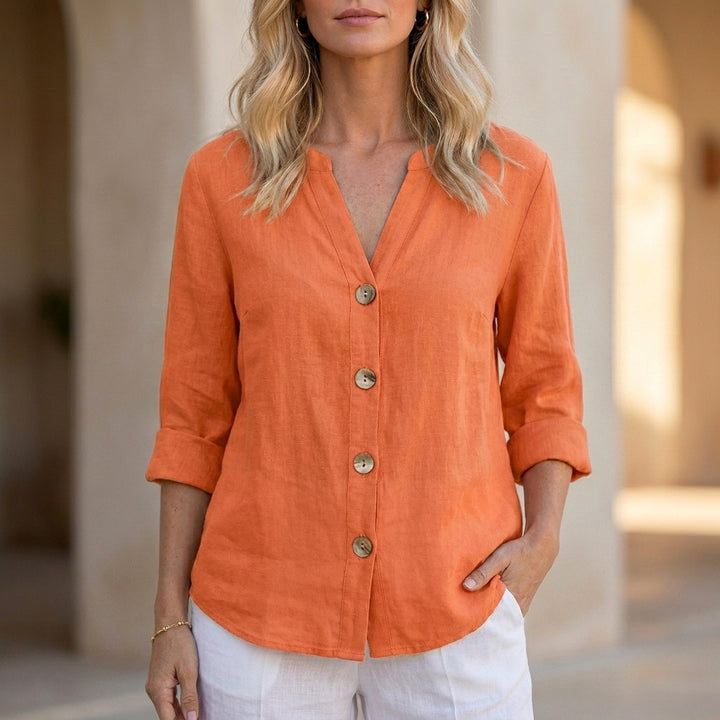 Relaxed Button Front Blouse with Rolled Sleeves and Split Neckline