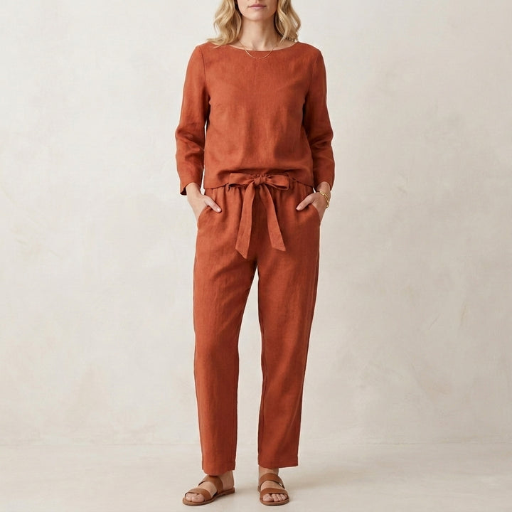 Relaxed Linen Blend Two Piece Set with Tie Waist Trousers