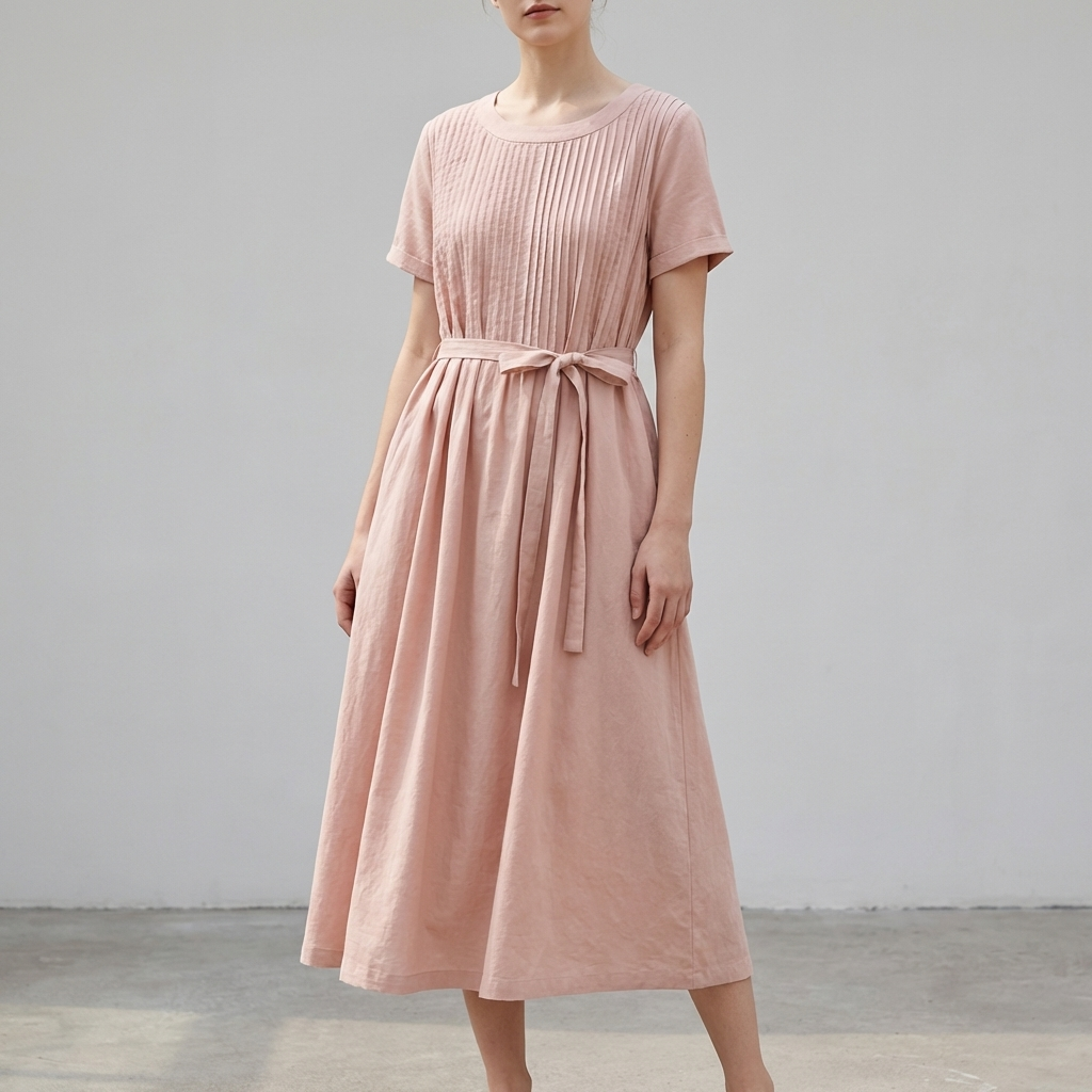 Pleated Midi Dress with Pintuck Bodice and Self-Tie Waist