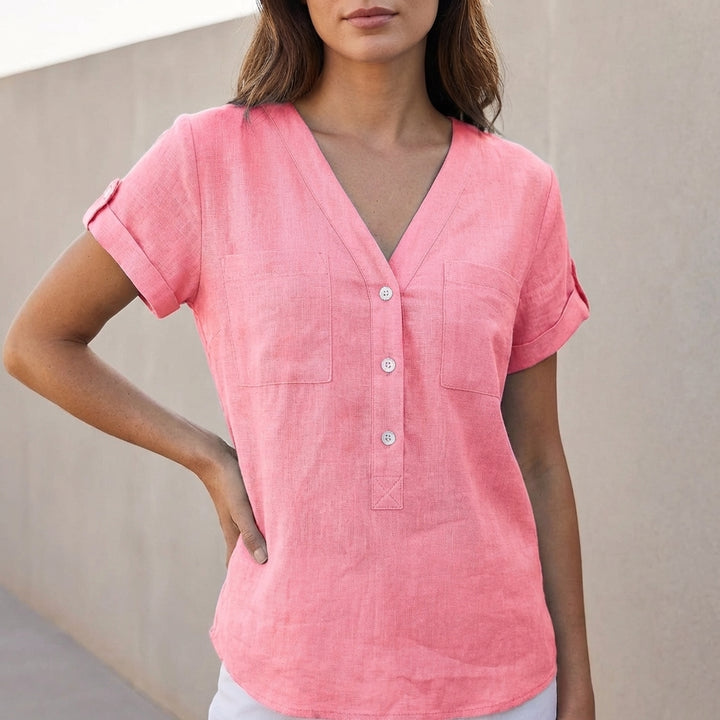 Relaxed Top with Split Neckline and Button Detail