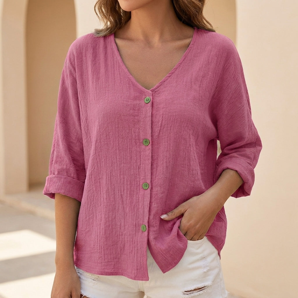 Relaxed V Neck Button Front Blouse with Rolled Three Quarter Sleeves