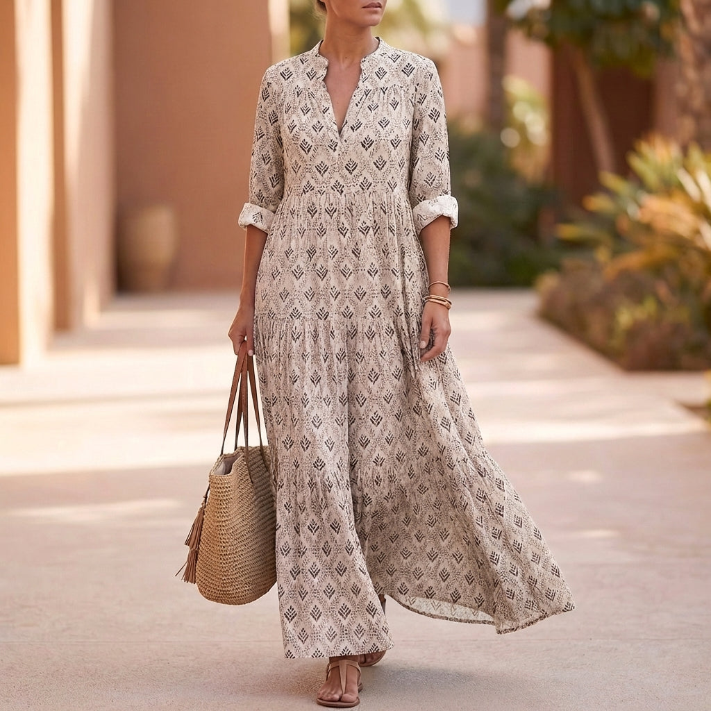 Bohemian Printed Maxi Dress with Relaxed Tiered Silhouette