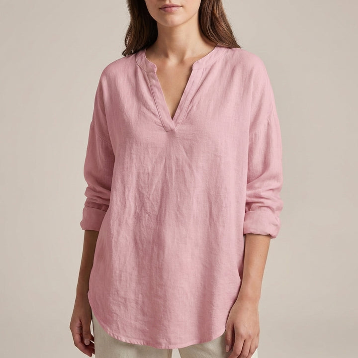 Relaxed-Fit Tunic Blouse with Split V-Neck and Curved Hem