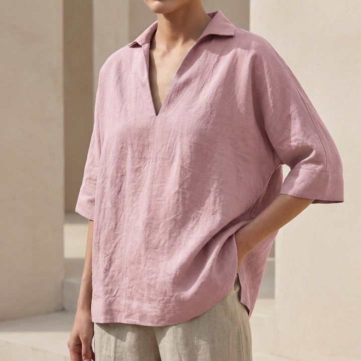 Loose V-Neck Shirt with Lapel Collar and Cuffed Sleeves