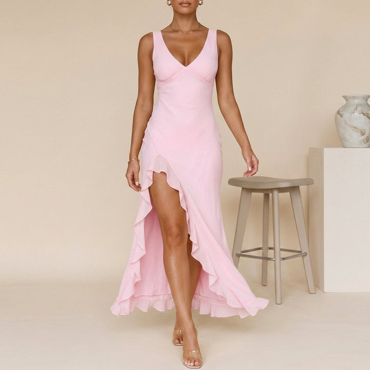 Chiffon Fitted V-Neck Maxi Dress with Ruffle-Trimmed Split and Asymmetrical Hem